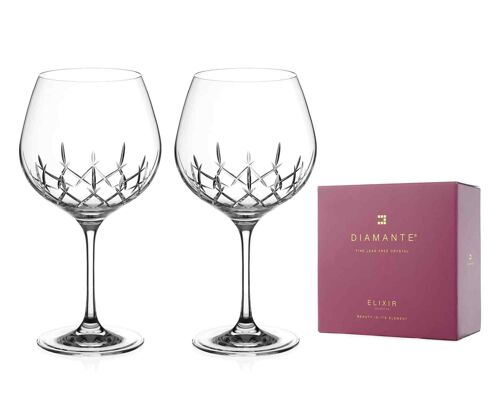 Diamante Crystal Gin Copa Glass Pair - 'classic' Collection Hand Cut Crystal Balloon Glasses - Set Of 2