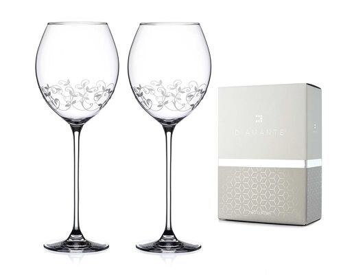 Diamante Crystal Red Wine Glasses Pair With Intricate Etched Design - Set Of 2 Crystal Glasses In Gift Box
