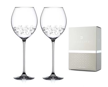 Paire de verres à vin rouge en cristal diamanté avec motif gravé complexe - Lot de 2 verres en cristal dans une boîte cadeau