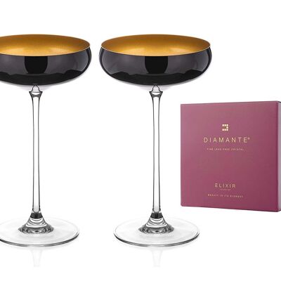 Diamante Oro Black Champagne Saucers - 'oro Black' Collection - Pair Of Black/gold Crystal Champagne Saucers