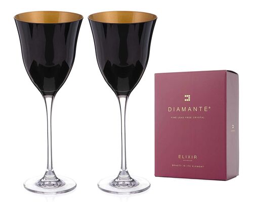 Diamante Oro Black Wine Glasses - 'oro Black' Collection - Pair Of Black/gold Crystal Wine Glasses