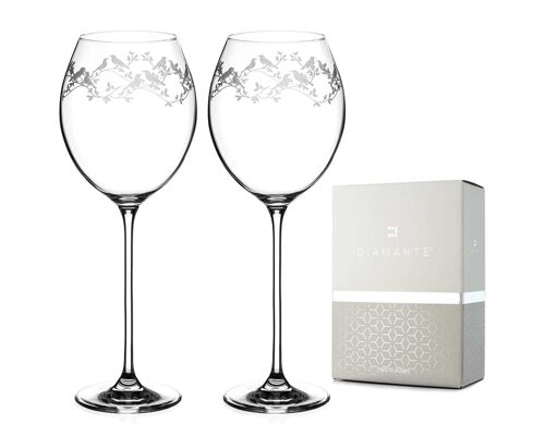 Diamante Red Wine Glasses Pair With ‘birdsong’ Collection Hand Etched Crystal Design - Set Of 2
