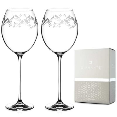 Diamante Red Wine Glasses Pair With ‘birdsong’ Collection Hand Etched Crystal Design - Set Of 2