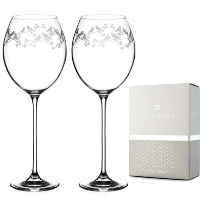 Diamante Red Wine Glasses Pair With ‘birdsong’ Collection Hand Etched Crystal Design - Set Of 2
