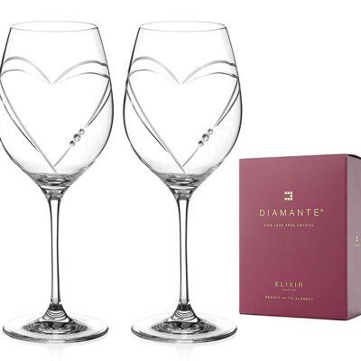 Diamante Red Wine Glasses Pair – ‘hearts’ Collection Crystal Wine Goblets Set Of 2