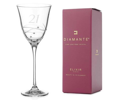 Diamante Swarovski 21st Birthday Wine Glass – Single Crystal Wine Glass With A Hand Etched “21” - Embellished With Swarovski Crystals