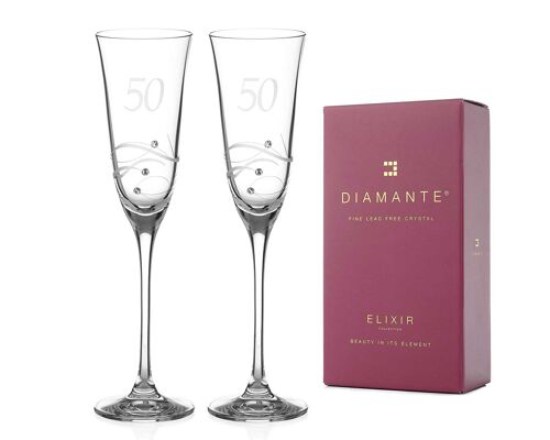 Diamante Swarovski 50th Birthday Or Anniversary Champagne Glasses – Pair Of Crystal Champagne Flutes