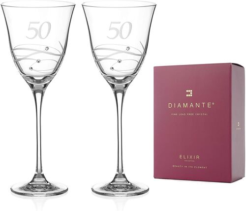 Diamante Swarovski 50th Birthday Or Anniversary Wine Glasses – Pair Of Crystal Wine Glasses With Hand Etched “50” With Swarovski Crystals
