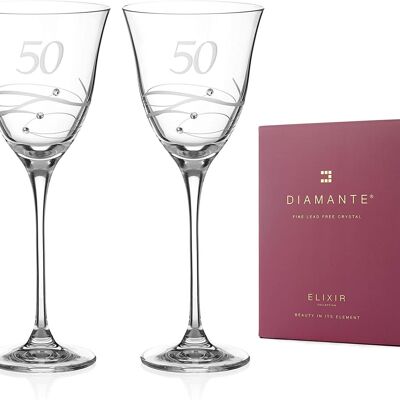 Diamante Swarovski 50th Birthday Or Anniversary Wine Glasses – Pair Of Crystal Wine Glasses With Hand Etched “50” With Swarovski Crystals