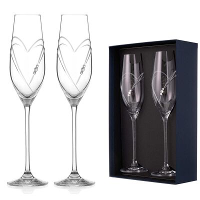Diamante Swarovski Champagne Flutes Prosecco Glasses Pair 'hearts' Design With Swarovski Crystals