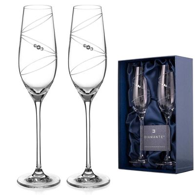 Diamante Swarovski Champagne Flutes Prosecco Glasses Pair With ‘ring’ Hand Cut Design Embellished With Swarovski Crystals