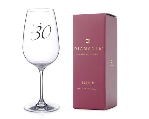 Diamante Swarovski"30th Birthday" Wine Glass – Single Crystal Wine Glass With Platinum 30 Embossed And Swarovski Crystals – Gift Boxed
