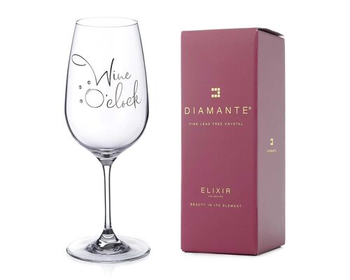 Diamante Swarovski"wine O’clock" Glass – Single Crystal Wine Glass With Fun Novelty Slogan Embellished With Swarovski Crystals