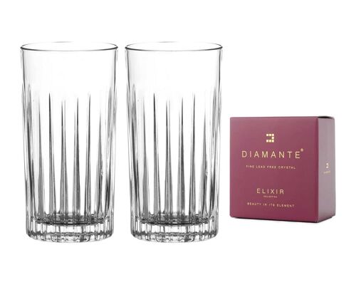 Diamante Water Or Cocktail Glasses Crystal Long Drink Hi Balls – ‘broadway’ Collection – Gift Box Of 2