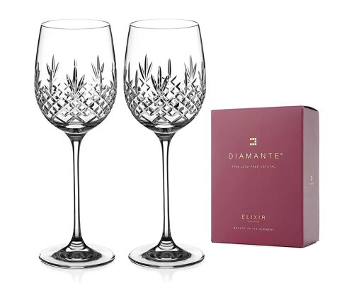 Diamante White Wine Glasses Pair - ‘buckingham’ Traditional Hand Cut Crystal Wine Glasses - Set Of 2