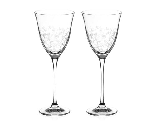 Diamante White Wine Glasses Pair - ‘floral’ Collection Hand Etched Crystal Wine Glasses - Set Of 2