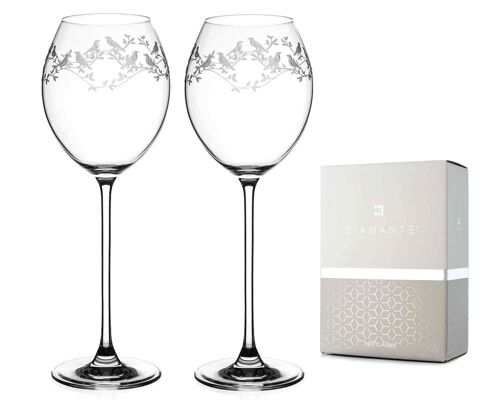 Diamante White Wine Glasses Pair With ‘birdsong’ Collection Hand Etched Crystal Design - Set Of 2