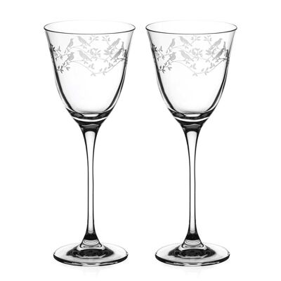 Diamante White Wine Glasses Pair With ‘serenity’ Collection Hand Etched Crystal Design - Set Of 2