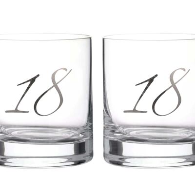 Diamante"18th Birthday" Whisky Tumblers – Pair Of Crystal Short Glasses With Platinum Embossed 18 Lettering