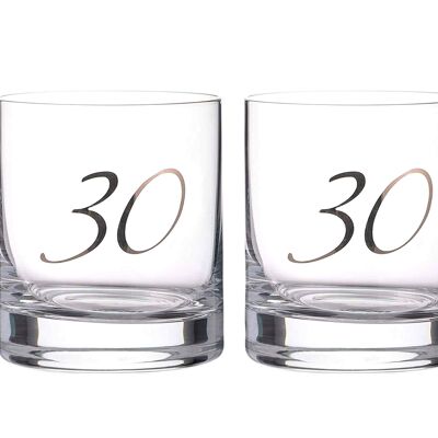 Diamante"30th Birthday" Whisky Tumblers – Pair Of Crystal Short Glasses With Platinum Embossed 30 Letterin