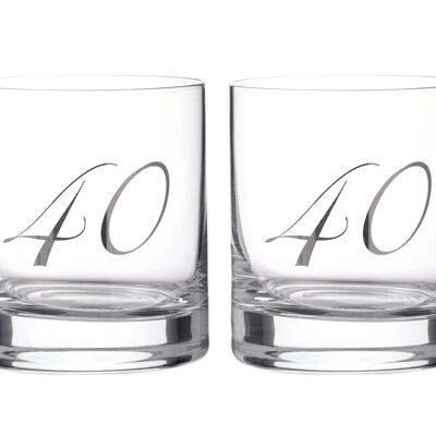 Diamante"40th Birthday" Whisky Tumblers – Pair Of Crystal Short Glasses With Platinum Embossed 40 Lettering