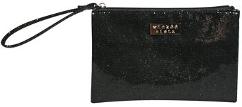 Grand sac à main plat à paillettes avec pochette pour sac à cosmétiques noir