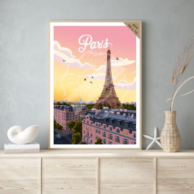Affiche de voyage vintage et tableau bois pour décoration d’intérieur / Paris - Tour Eiffel