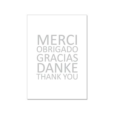 Postkarte hoch, MERCI OBRIGADO GRACIAS DANKE THANK YOU! mit Heißfolie veredelt