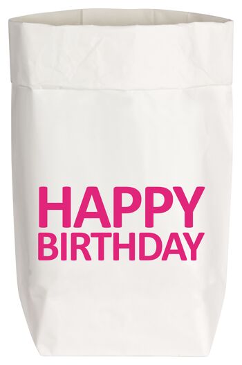 Petits sacs en papier blanc, HAPPY BIRTHDAY, rose fluo