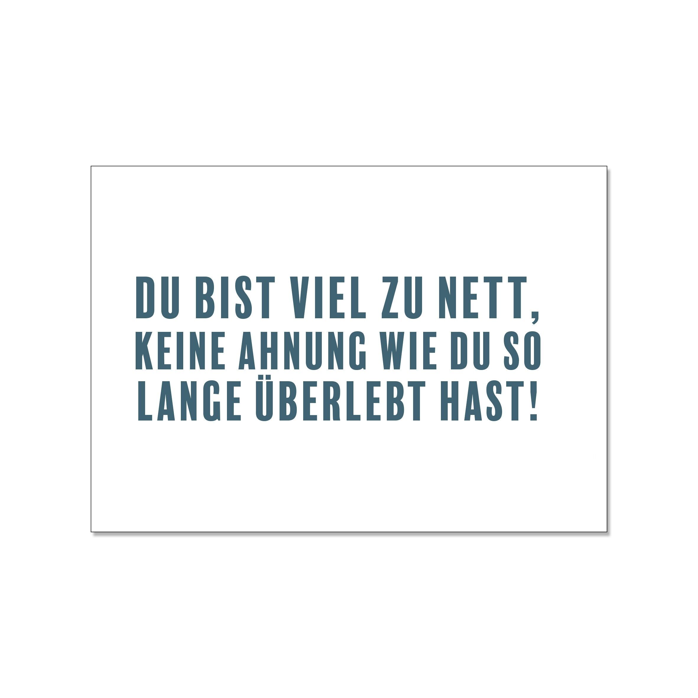 Postkarte quer, DU BIST VIEL ZU NETT, KEINE AHNUNG WIE DU SO LANGE ÜBERLEBT HAST!