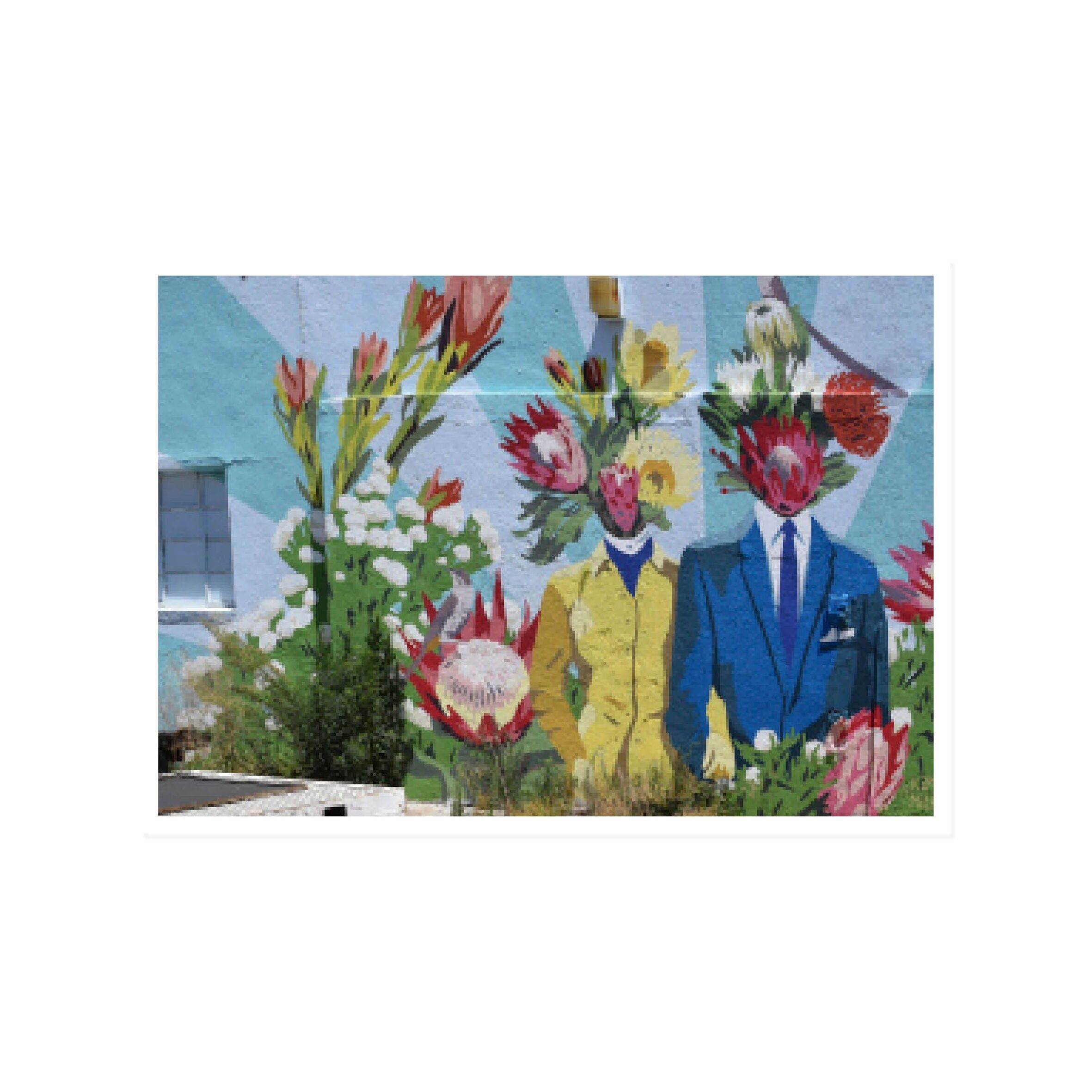 Paesaggio da cartolina, street art, TESTA PIENA DI FIORI