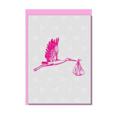 Vertical folding card, STORK WITH BABY, pink
