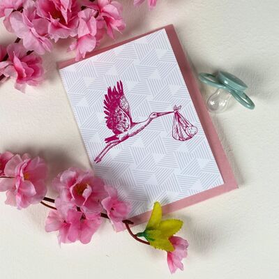 Carte pliante verticale, CIGOGNE AVEC BÉBÉ, rose