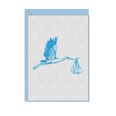 Vertical folding card, STORK WITH BABY, blue