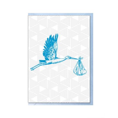 Tarjeta plegable vertical, CIGÜEÑA CON BEBÉ, azul