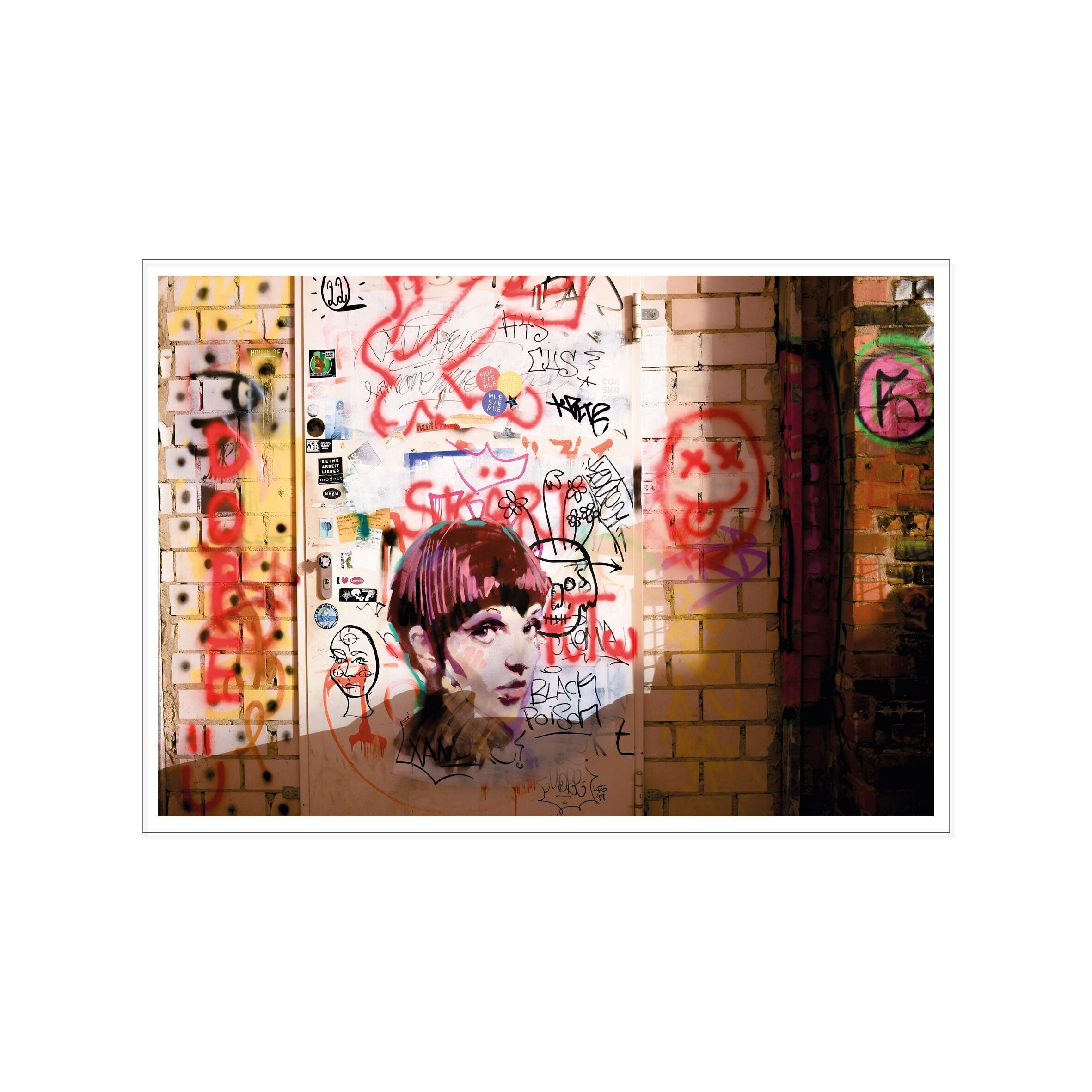 Paesaggio da cartolina, street art, TAG E TESTE SU UNA PORTA