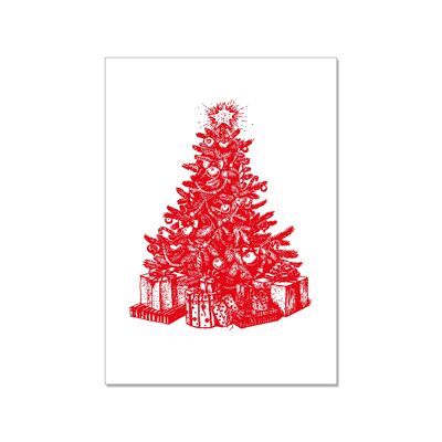 Cartolina alta, ALBERO DI NATALE CON REGALI, rosso