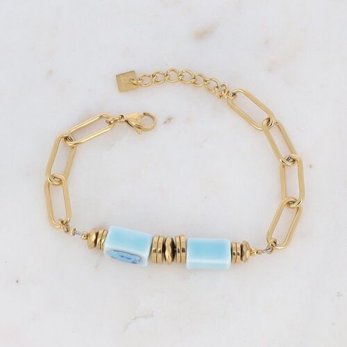 Bracelet Aéla doré avec perles en céramique teintée bleue