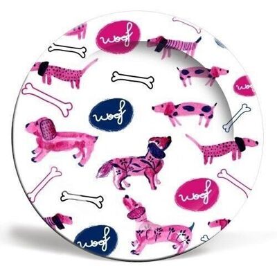 10 inch plate, pink sausage dogs by michelle walker