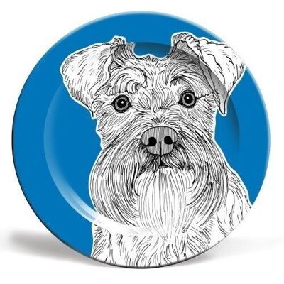 ASSIETTE 10 POUCES, PORTRAIT DE CHIEN SCHNAUZER (FOND BLEU)