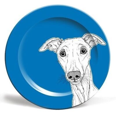 ASSIETTE 10 POUCES, PORTRAIT DE CHIEN WHIPPET (FOND BLEU)