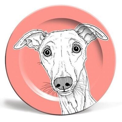 PLATO DE 10 PULGADAS, RETRATO DE PERRO WHIPPET (FONDO CORAL)