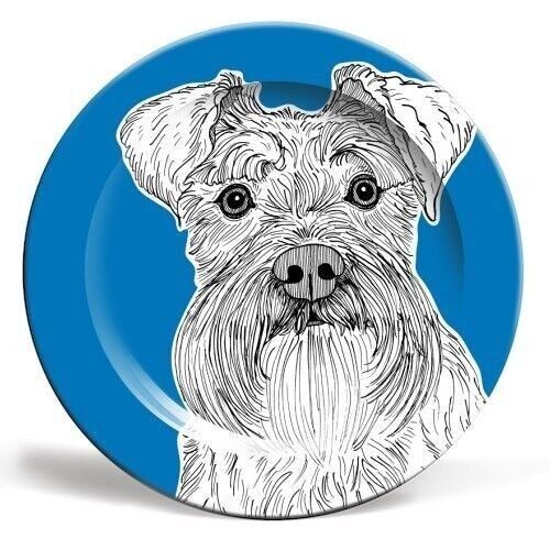 6 inch plate, schnauzer dog portrait (blue background)