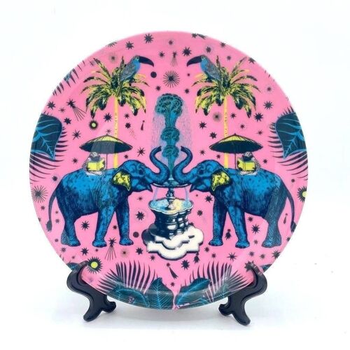 8 Inch Plate, March of the Elephants - Hot Pink & Blue