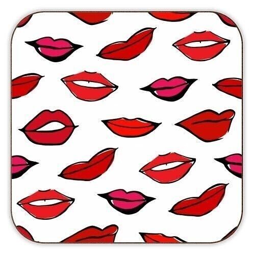 Coasters, Red & Pink Lippy Pattern by Bec Broomhall Cork