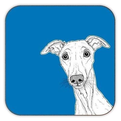 POSAVASOS, RETRATO DE PERRO WHIPPET (FONDO AZUL) Corcho