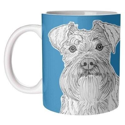 Mugs, schnauzer dog portrait (blue background)