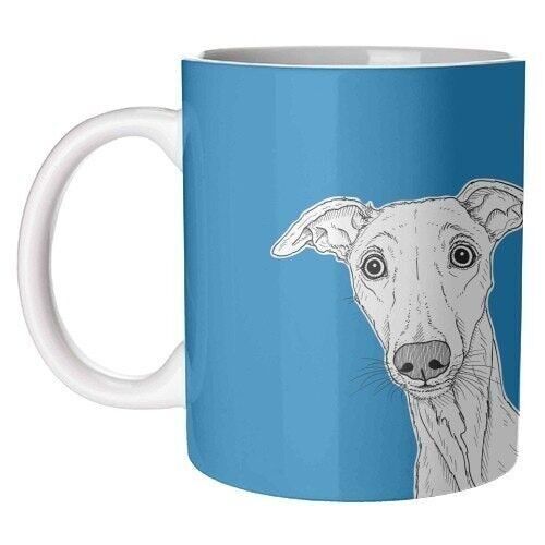 Mugs, whippet dog portrait (blue background)