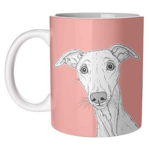 MUGS, PORTRAIT DE CHIEN WHIPPET (FOND CORAIL)