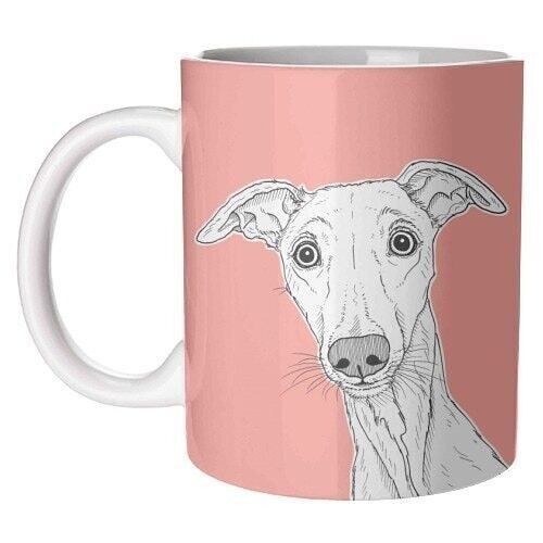 Mugs, whippet dog portrait (coral background)